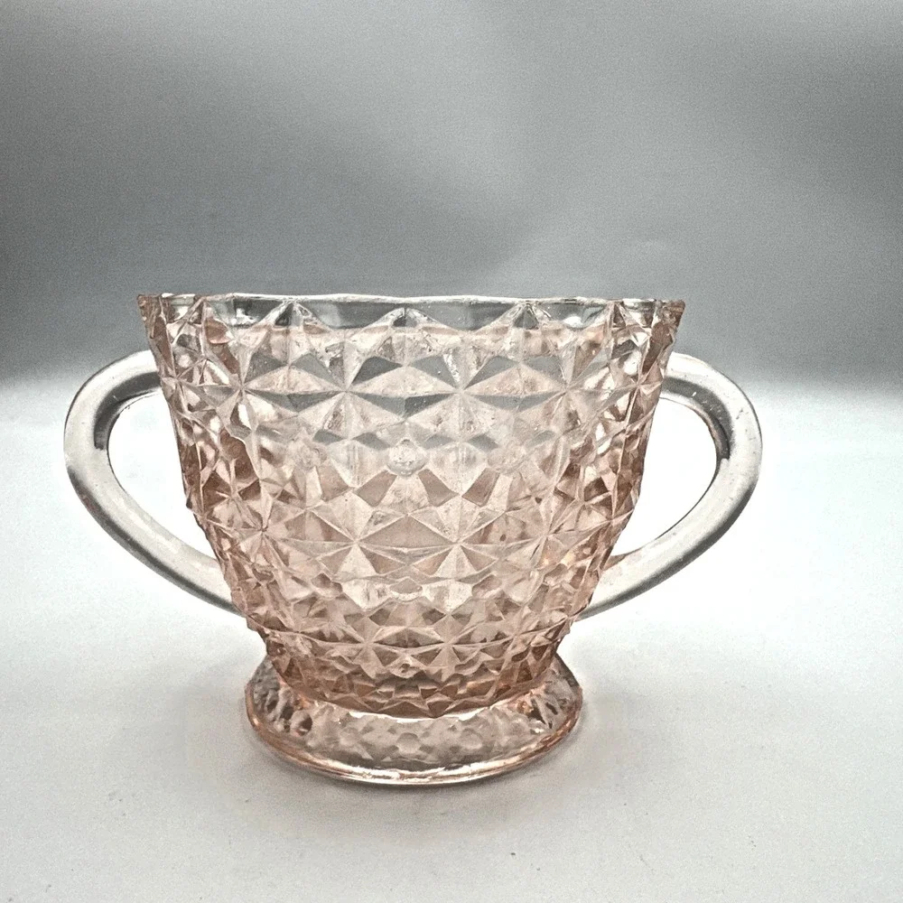 Vintage Jeannette Pink Depression Glass Cubist Sugar Bowl 1930s